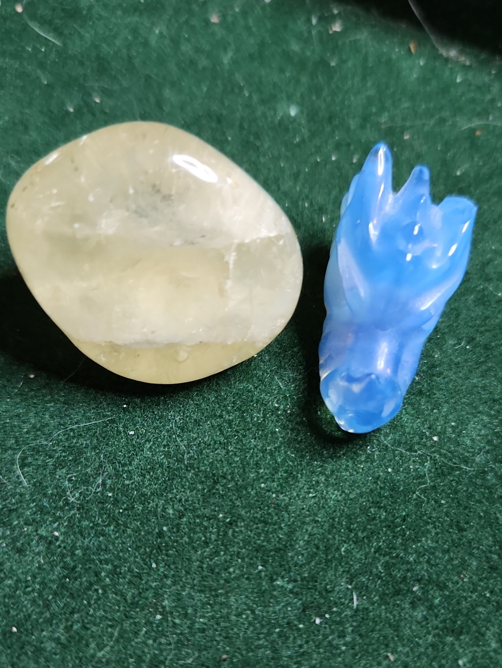 Dyed Yellow Quartz with Multiple Inclusions and a Carved Blue Opalite Dragonhead